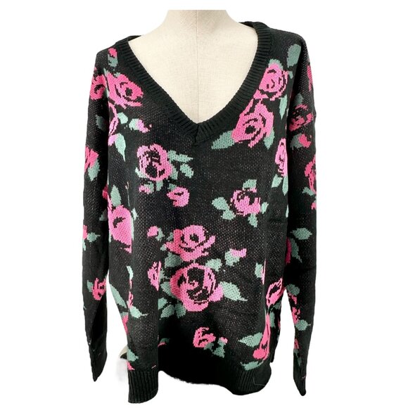 LuLaRoe Torrie Sweater Womens L Black Acrylic LS Pink Green Floral Print V-Neck - Picture 1 of 10